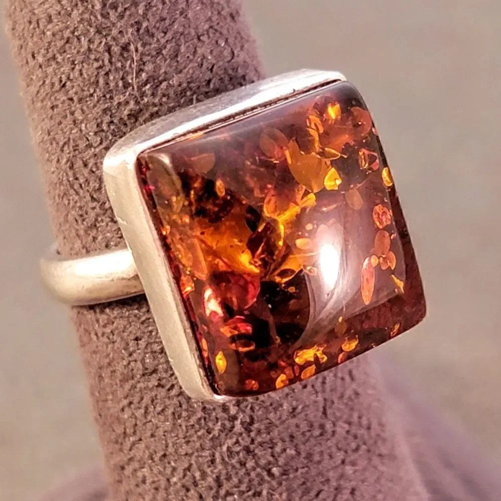 Vintage Sterling Baltic Amber Cab Rectangle Statement Ring Sz 6